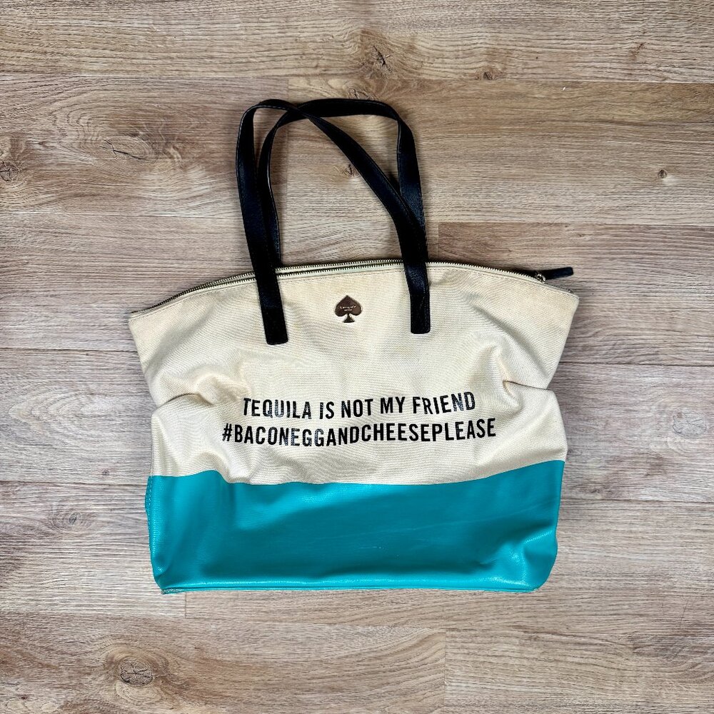 Kate Spade Tequila is Not My Friend Bacon Egg and Cheese Please Purse Tote Teal